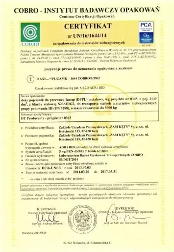 Certyfikat COBRO UN 3288